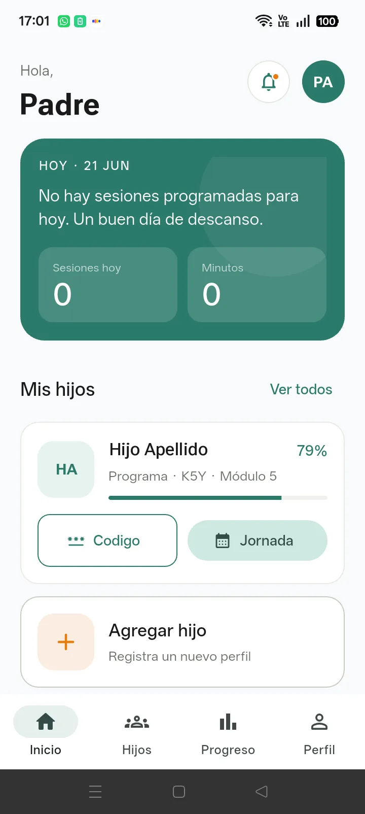 Panel del padre en AulaMás