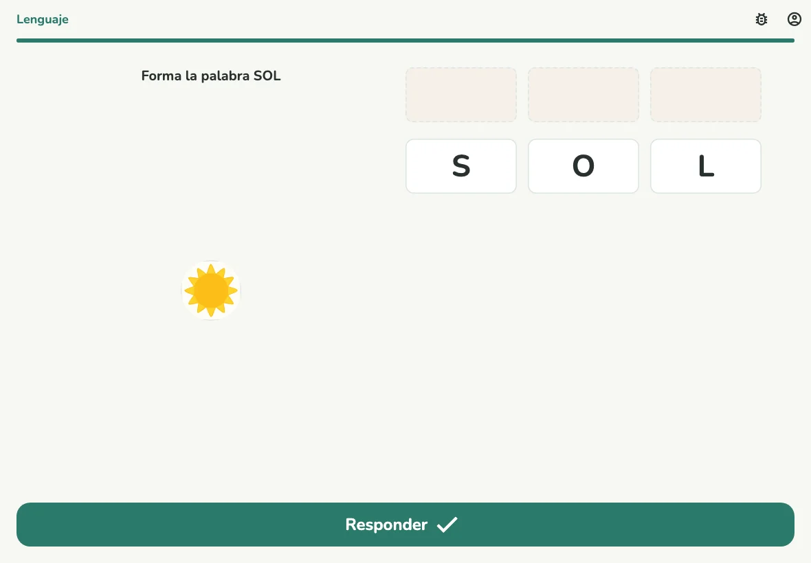 Construir la palabra SOL arrastrando letras — app del estudiante
