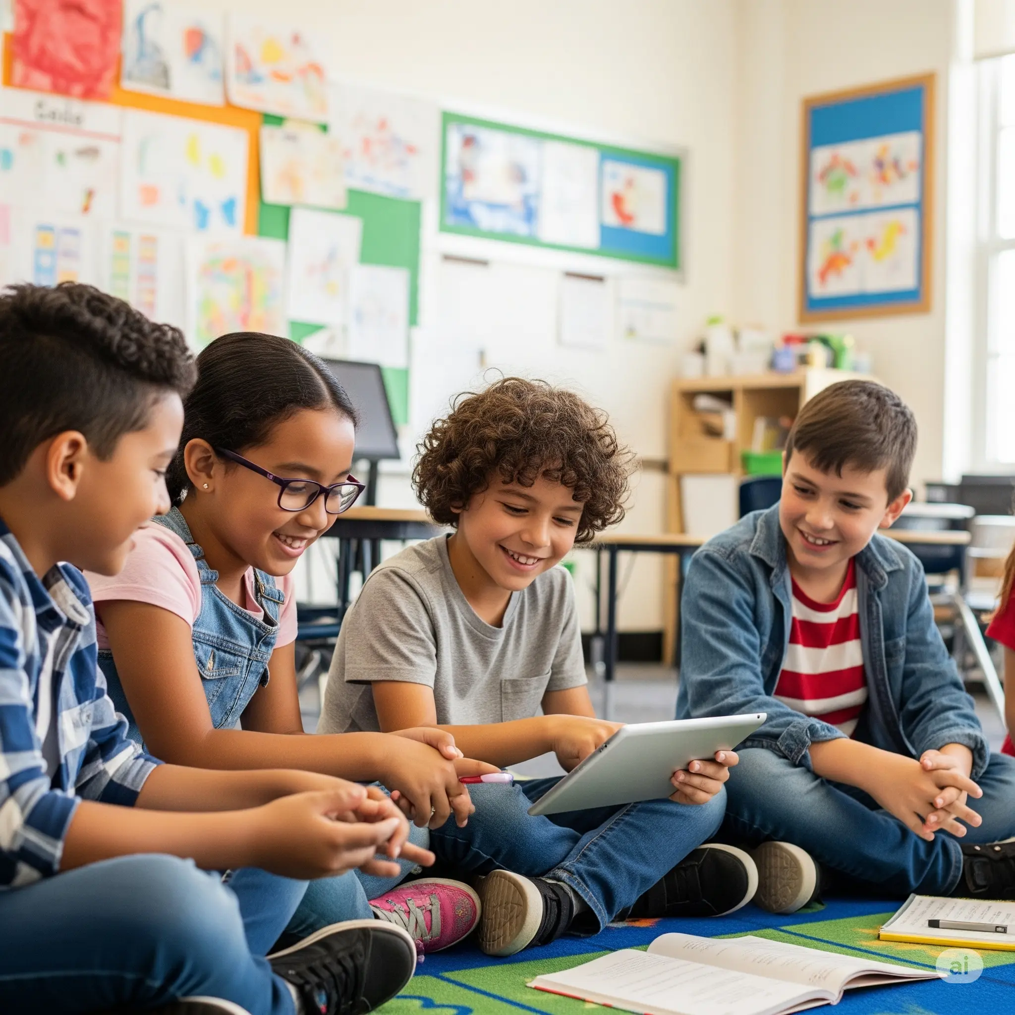 Niños diversos aprendiendo juntos en una tablet